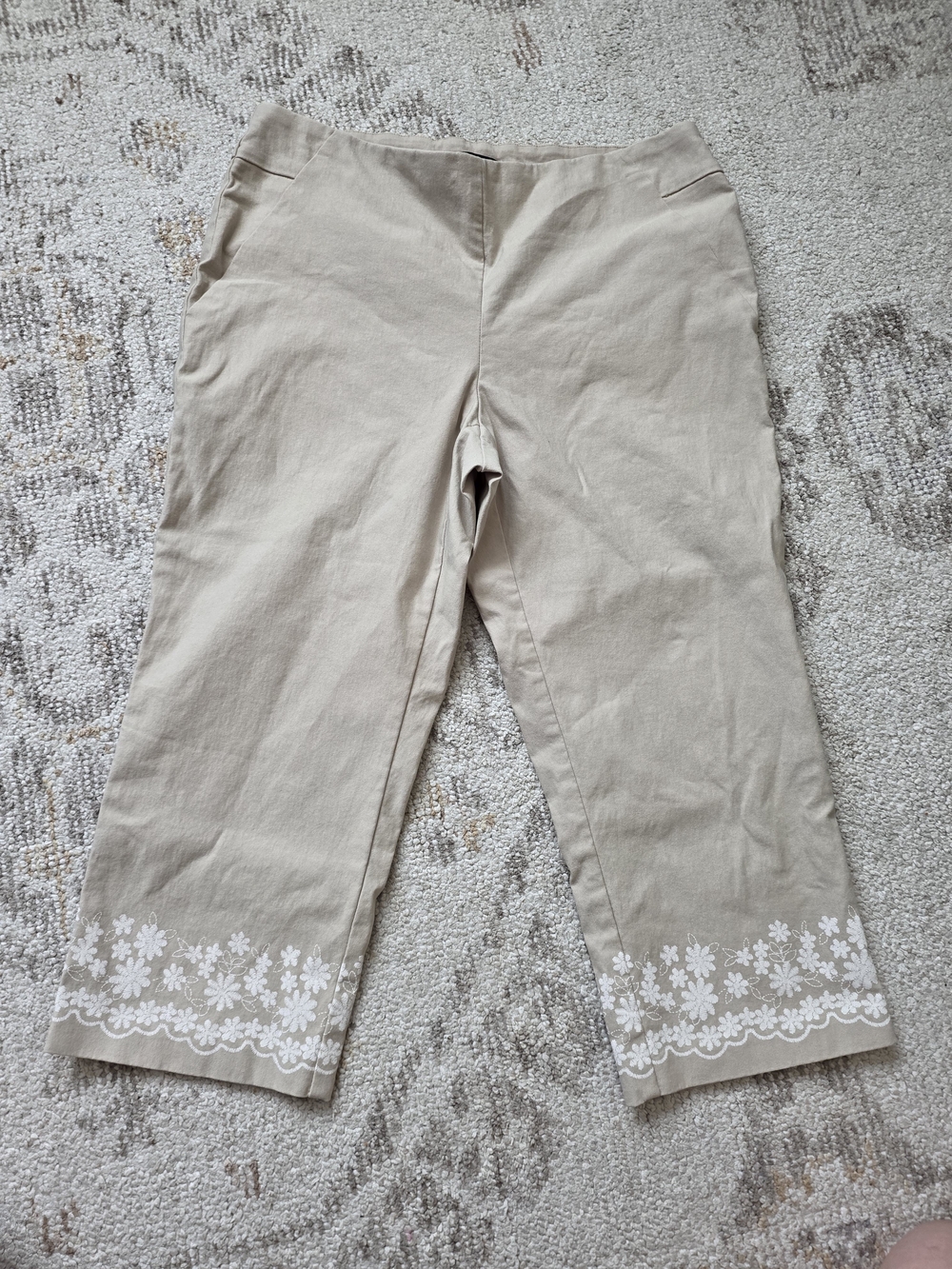 Soho Apparel Beige Capri Pants with White Floral Hem